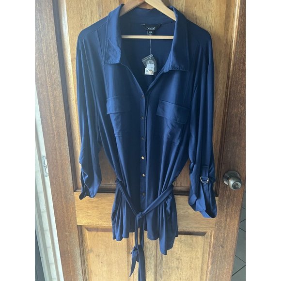 Beme Navy Utility Shirt XXXL Blouse Tab Sleeves & Tie - Picture 10 of 11
